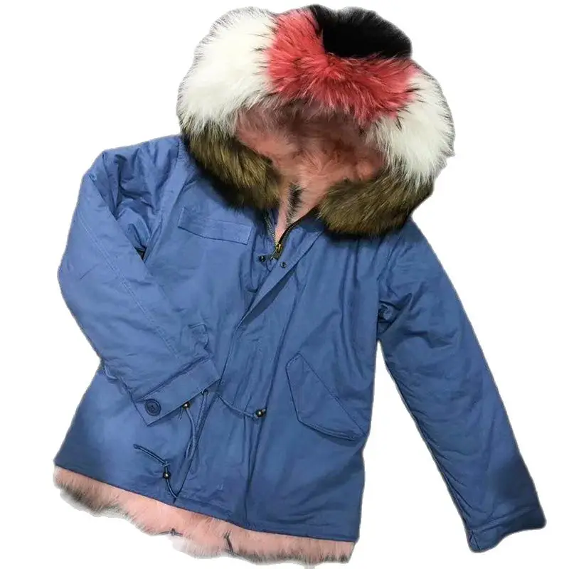 Parka de piel de zorro a la moda para mujer, abrigo forrado de color rosa con Cuello de piel de mapache, bonito y colorido