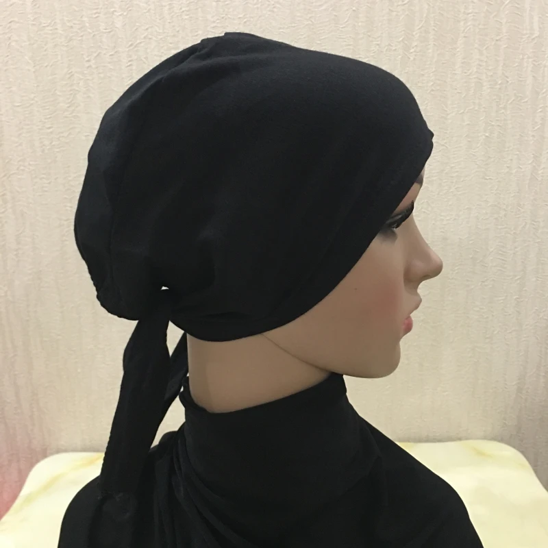 H048 Plain Cotton Tie Back Hats Muslim Turban Pure Color Stretch Inner Hijabs Underscarf Women Head Scarf Under Hijab Bonnet