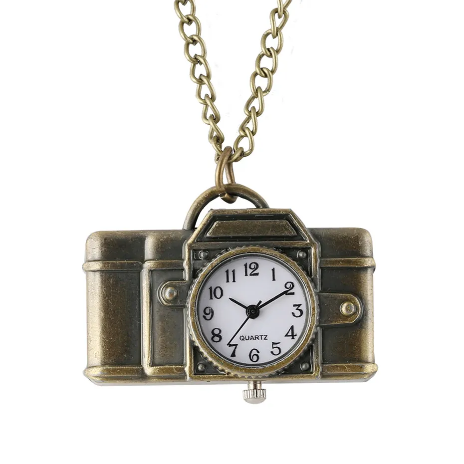 Vintage Bronze Camera Shape Arabic Numerals Display Quartz Pocket Watch Mini Pendant Clock Fob Sweater Chain Gifts for Kids