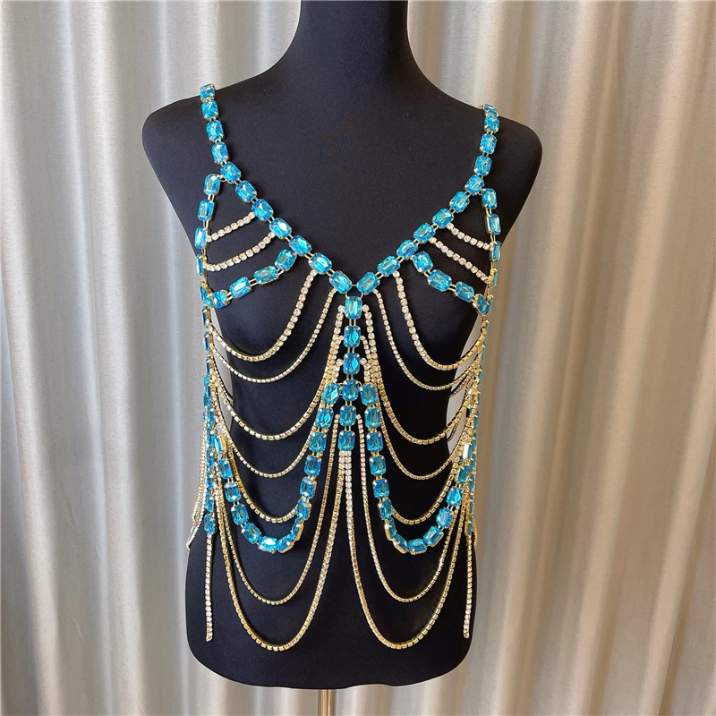 الفاخرة كريستال مزدوجة الجسم سلسلة الصدرية تسخير للنساء عيد الميلاد الجوف الشرابة حجر الراين الصدر سلسلة بيكيني الملابس الداخلية مجوهرات #4