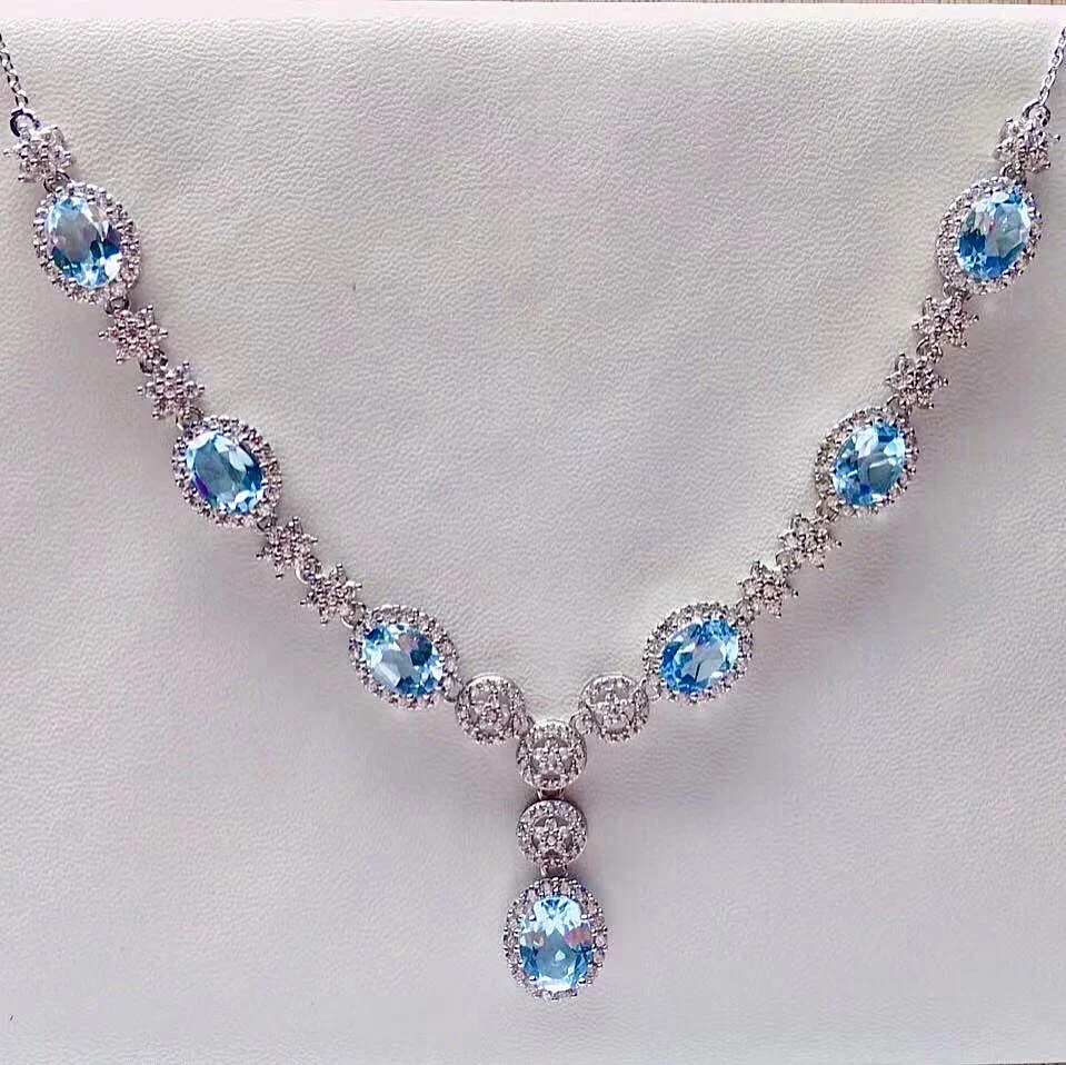 Dazzling 925 Silver Topaz Necklace for Wedding 7 Pieces 100% Natural Light Blue Topaz Silver Necklace Brithday Gift for Wife