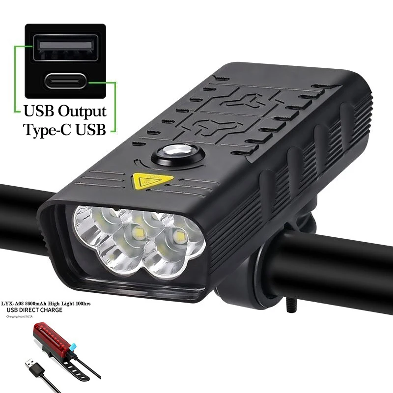 

High Bright Bike Light USB Rechargeable Bicycle Headlight 5T6 LED MTB Flashlight 5000 Lumen Cycling Front Lights Rear Lamp Kit