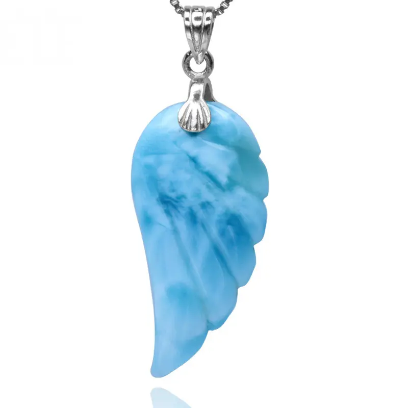 

Natural Blue Larimar Angel Wings Shape 925 Silver Pendant Necklace цепочка For Women Man Fashion Simple Gemstone FineJewelry