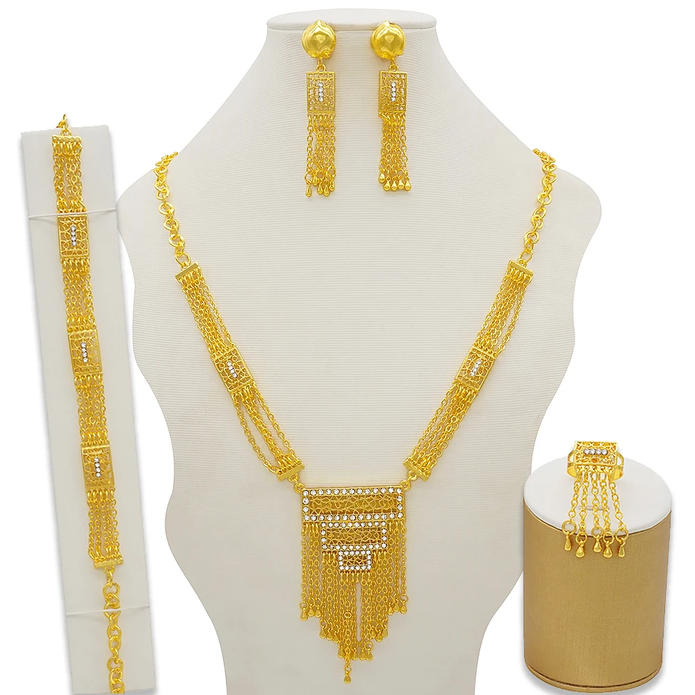 

Nigeria Gold Color Jewelry Sets For Women Luxury Necklace Earrings Bracelet Ring India African Wedding Gifts Ethiopia Set