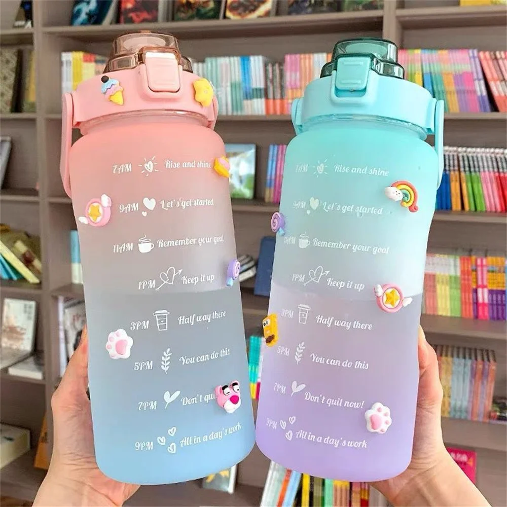 

2L Large Capacity Water Bottle with Bounce Lid Timeline Reminder Frosted Cup Gradient Starry Sky Outdoor Sports Fitness Kettle