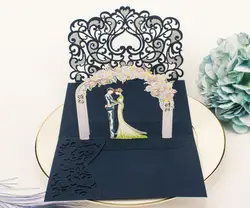 Free Shipping 1x 3D POP UP Card gold gray tri 3 Fold Pocket Wedding Invitation Card Laser cut Invite Greeting card with envelope