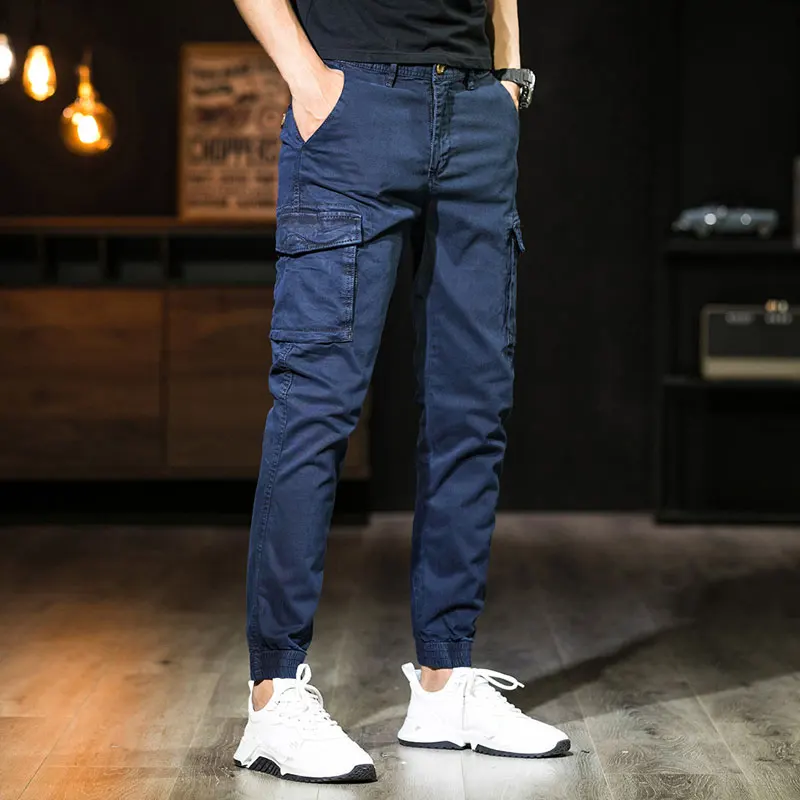 Cotton Blue Overalls Men Casual Cargo Pants Fashion Big Pocket Beam Feet Slim Military Outdoor Sports Streetwear Black Trousers