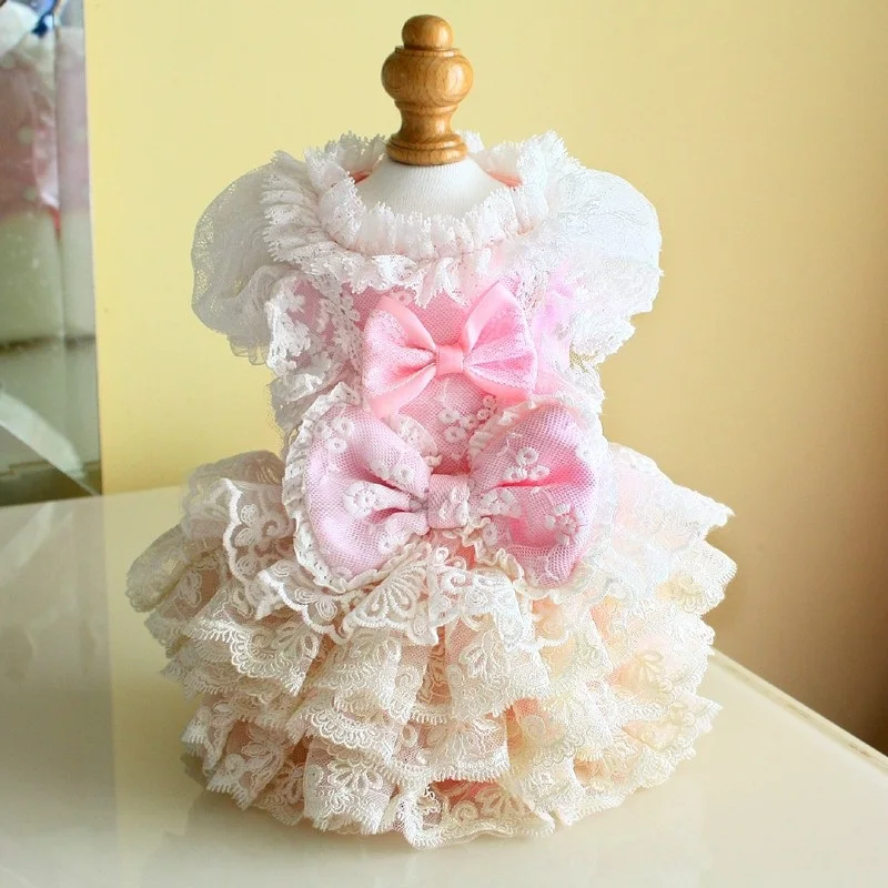 Handmade Dog Dress Pet Clothes Luxury Pink Lace Tulle Skirt Puff Sleeve Wedding Apparel Evening Dancing Party Holiday Maltese