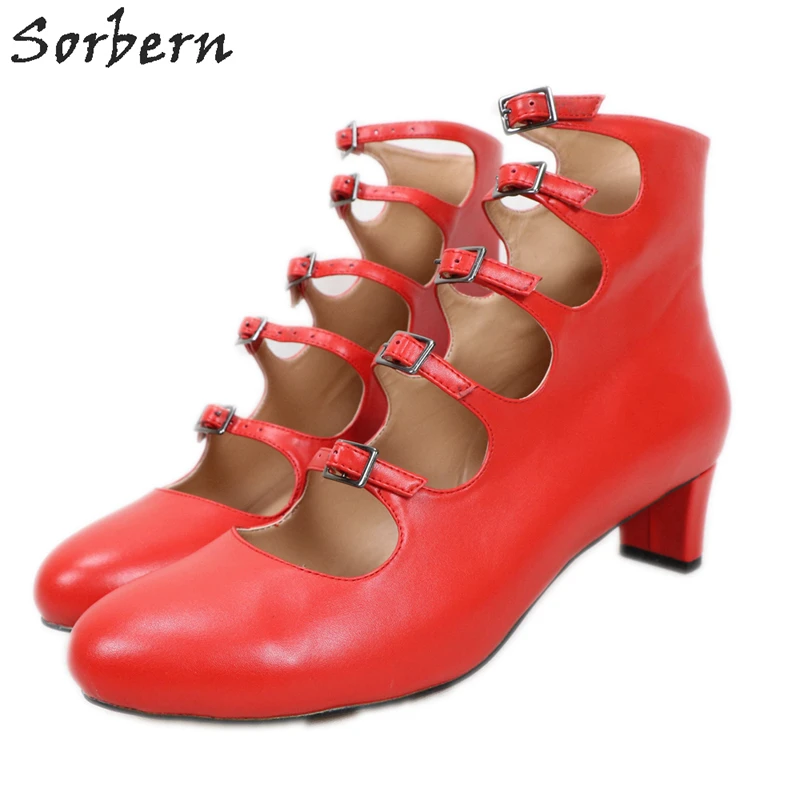 Sorbern Low Block Heel Women Pumps Shoes Round Toe Plus Size 15 Guys Pump Buckle Straps Personized Shoe Females Multi Colors