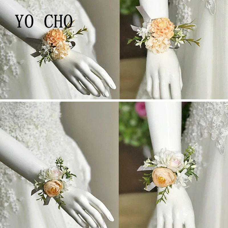 YO CHO Bridesmaid Corsage Flore Boutonniere Men Wedding Corsage Bracelet Boutonniere Flower Wedding Women Brooch Planner Corsage