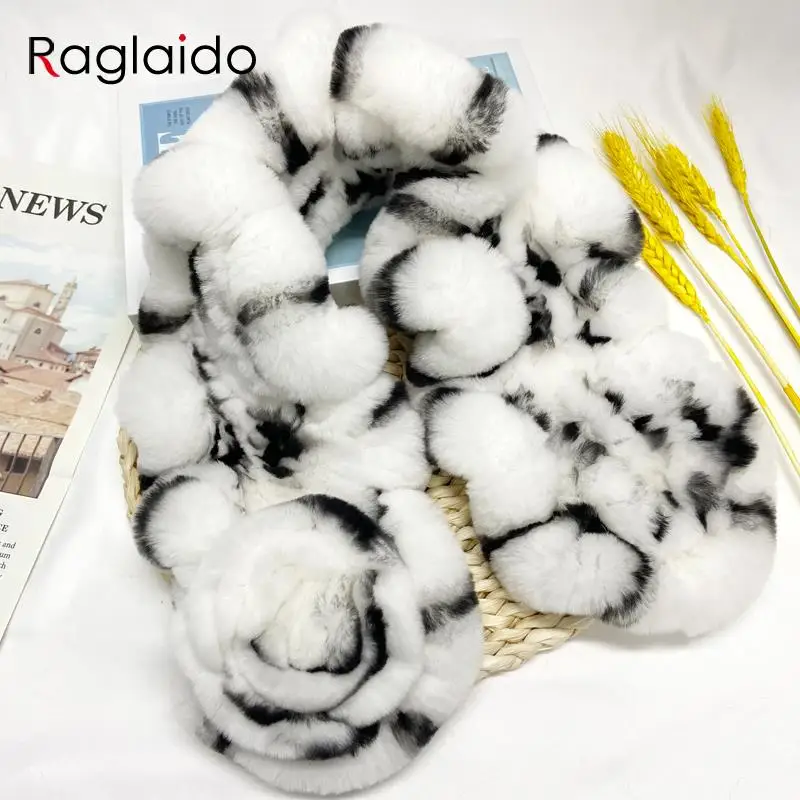 

Natural Rabbit Fur Scarf Women Real Rex Neckwarmer Stylish Winter Warm Fashion Female Scarves Floral Shawls 65x12cm
