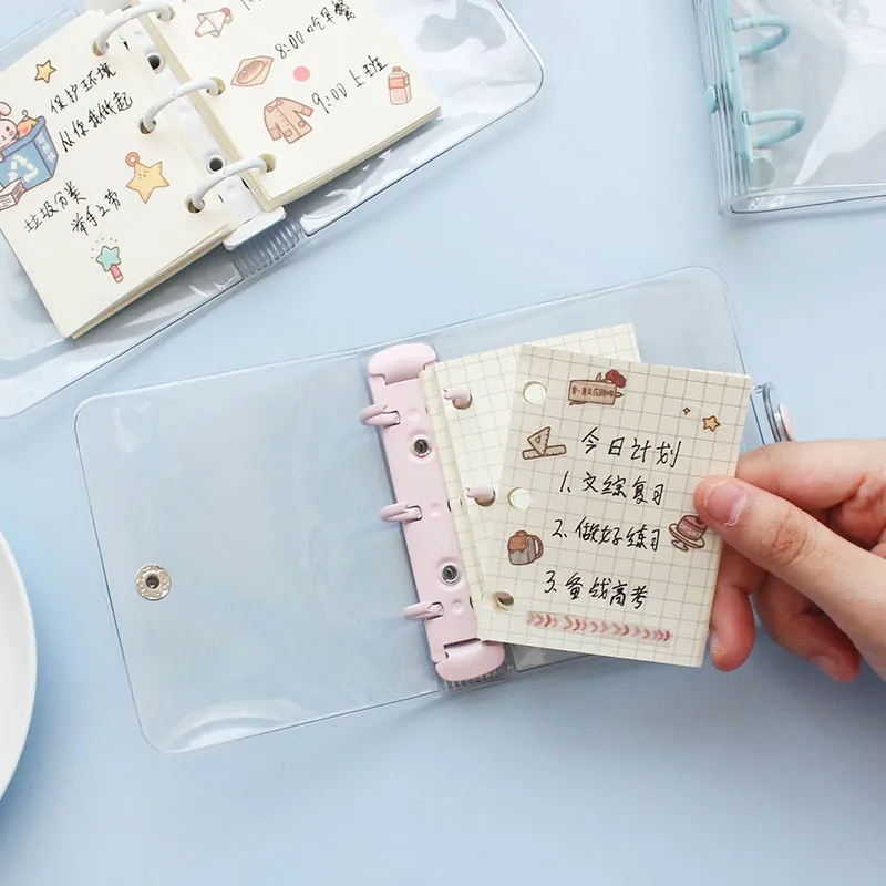 Mini conta de mão transparente em pvc, conjunto de folhas soltas com três buracos portátil de estudantes papel adorável