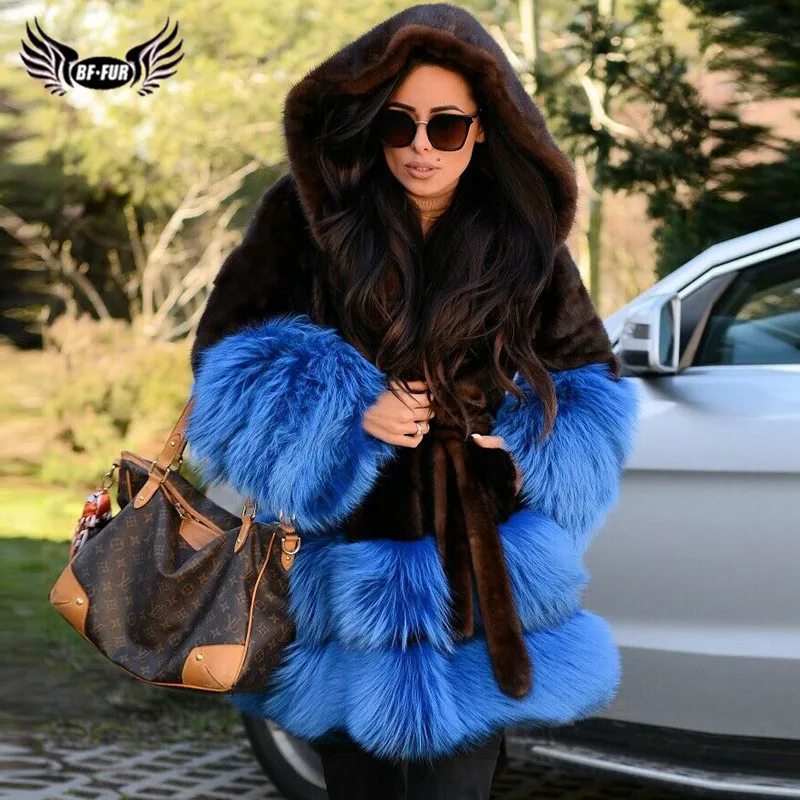 Fashion Women Real Mink Fur Jacket With Hood Blue Fox Fur Bottom Cuff Thick Warm Genuine Mink Fur Coat With Fur Belt Luxury