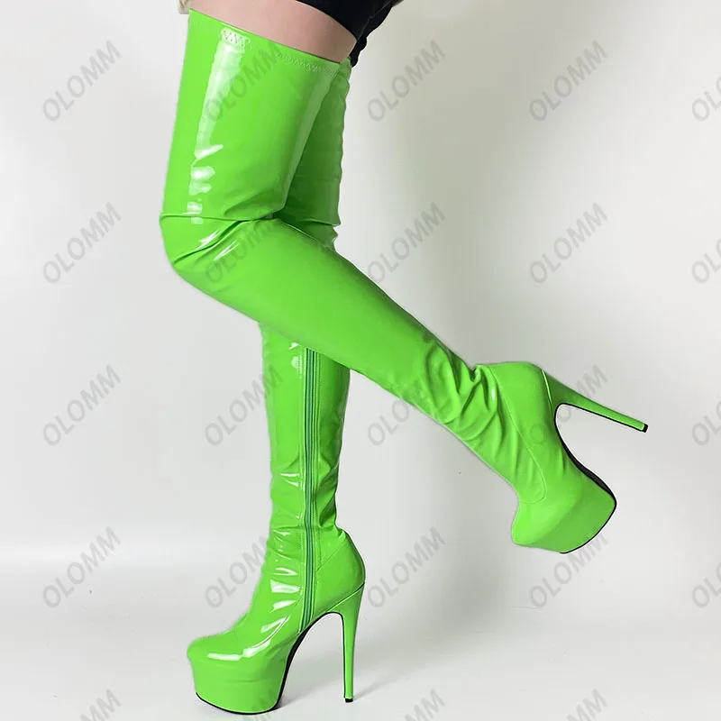 Olomm Handmade Women Spring Thigh Boots Patent Leather Side Zipper Thin High Heels Round Toe White Party Shoes Plus US Size 5-20