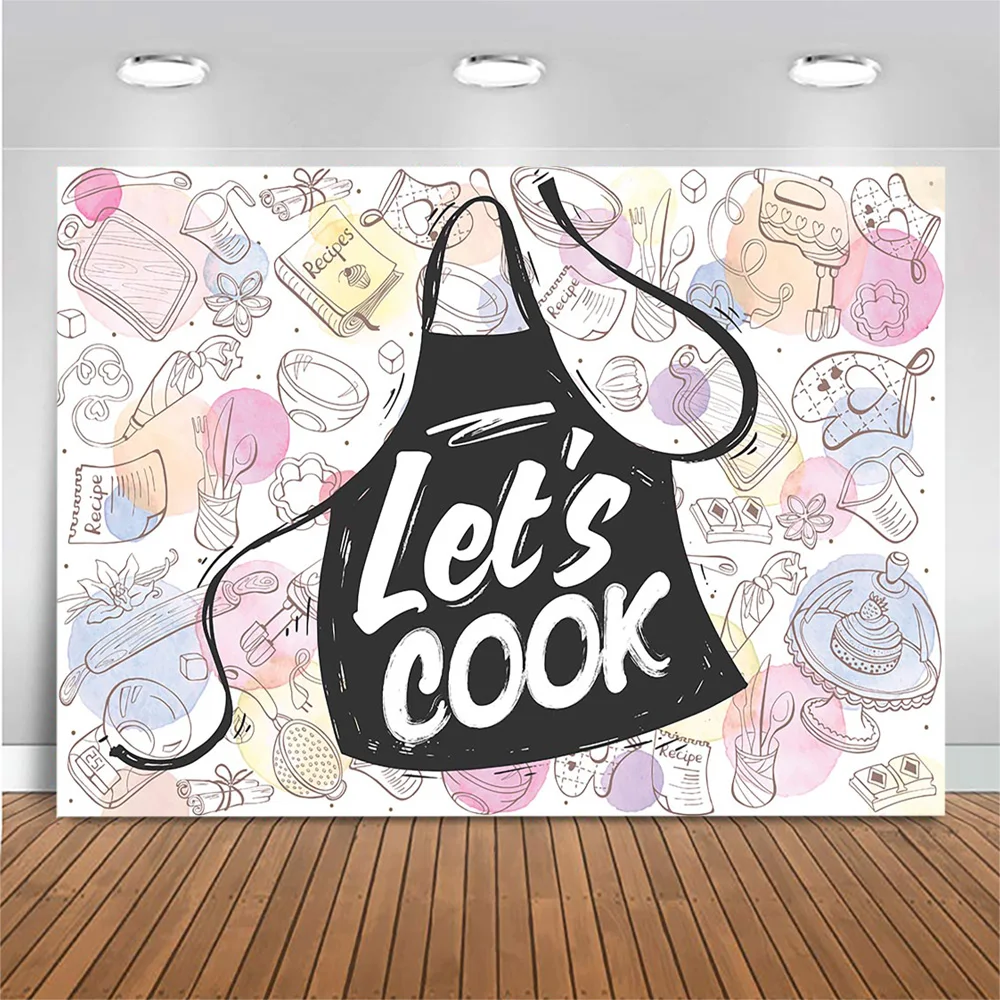 Let's Cook Theme Party Backdrop Apron Tableware Photography Background Cook Party Decor Banner Photo Background for Photo Studio