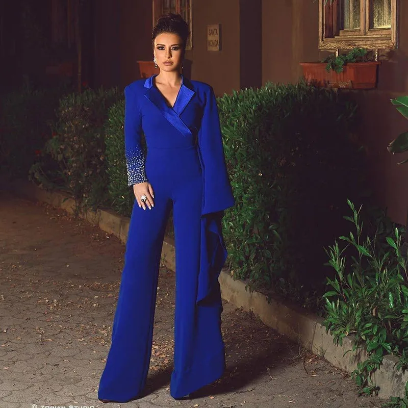 Royal Blue Jumpsuit Evening Dresses Rhinestone Beads Prom Dress Long Sleeve Pants V Neck Special Occasion Party Gown Robe