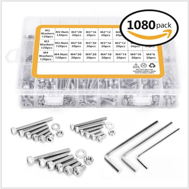 

1080pcs/Lot M2/M3/M4 304 Stainless Steel Hexagon Socket Head Cap Socket Screws Hex Bolt Nuts and Washers Set with Allen Key