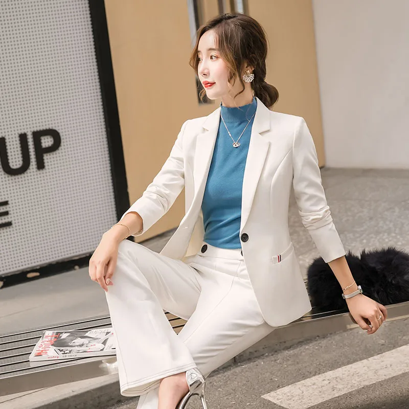 

2019 Women's autumn new long-sleeved suit jacket wide leg pants temperament Slim thin waist business professional suit two-piece