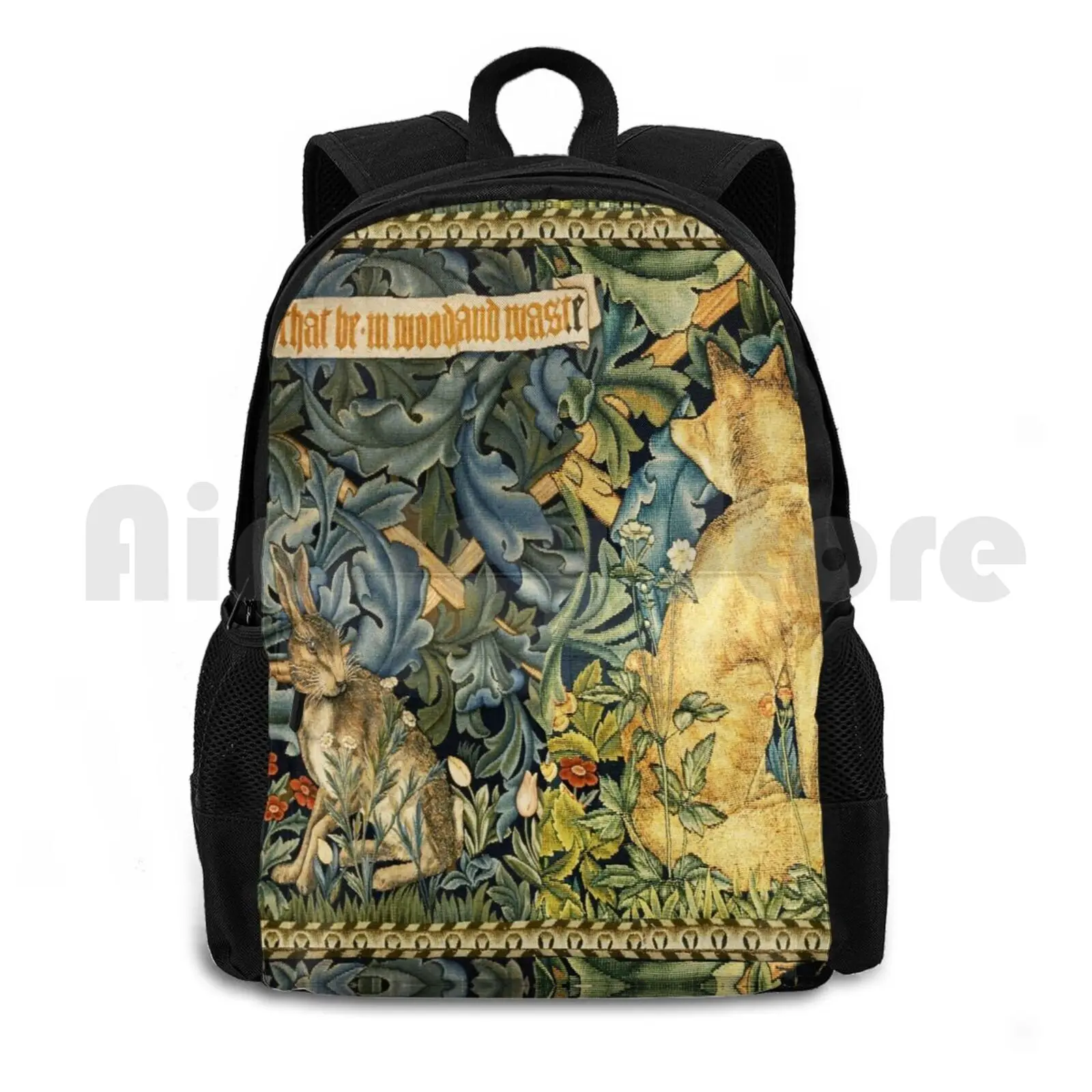 

Greenery , Forest Animals , Fox And Hare Blue Green Floral Outdoor Hiking Backpack Waterproof Camping Travel Animals Foxes Fox