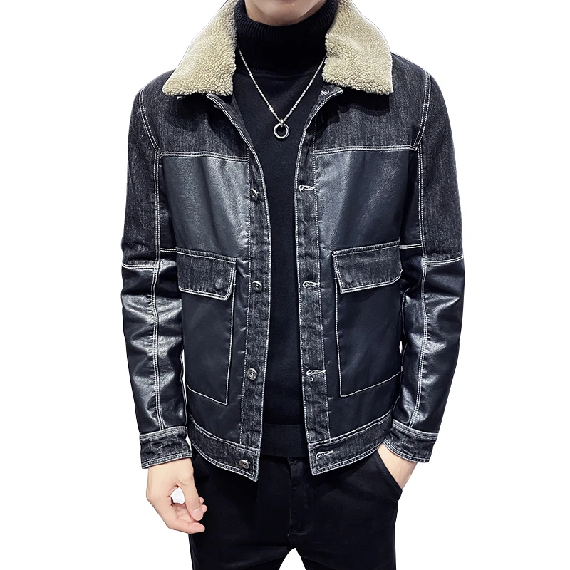 

2021 Winter Men Denim Jacket Plus Velvet Thicken Jeans Coat Motorcycle Lapel Long Sleeve Splice Casual Slim Black Cowboy Outwear