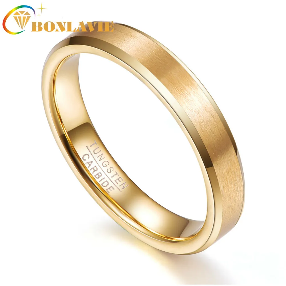 BONLAVIE Gold Color Party Ring Thin 4mm Width Men Women Rings Tungsten Carbide Anillo Tungsteno Wedding Bands