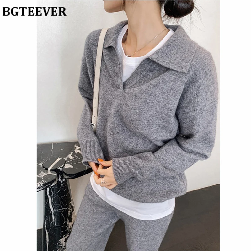 BGTEEVER Autumn Winter Ladies 2 Pieces Knitted Set V-neck Full Sleeve Pullovers & Straight Pants 2021 Loose Women Sweaters Set