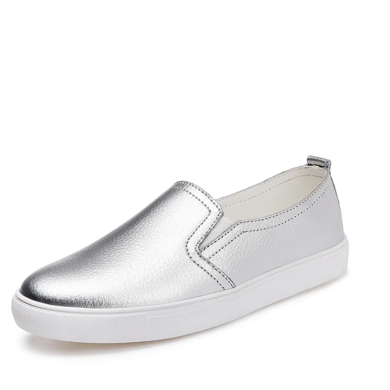 Women Flats Loafers Casual Leather Shoes Woman Loafer Slip-on Shoes for Women Moccasins High Quality Fashion Silver Female