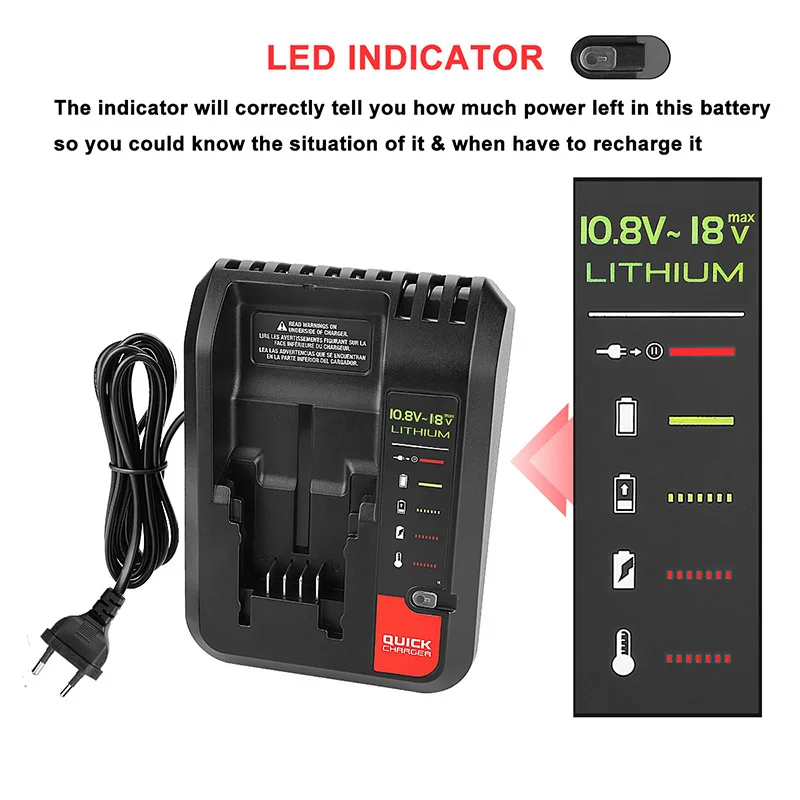 18V LITHIUM Battery Charger สำหรับสีดำและ Decker PORTER CABLE Stanley แบตเตอรี่ลิเธียม Charger 2A 10.8-20V 100-240V
