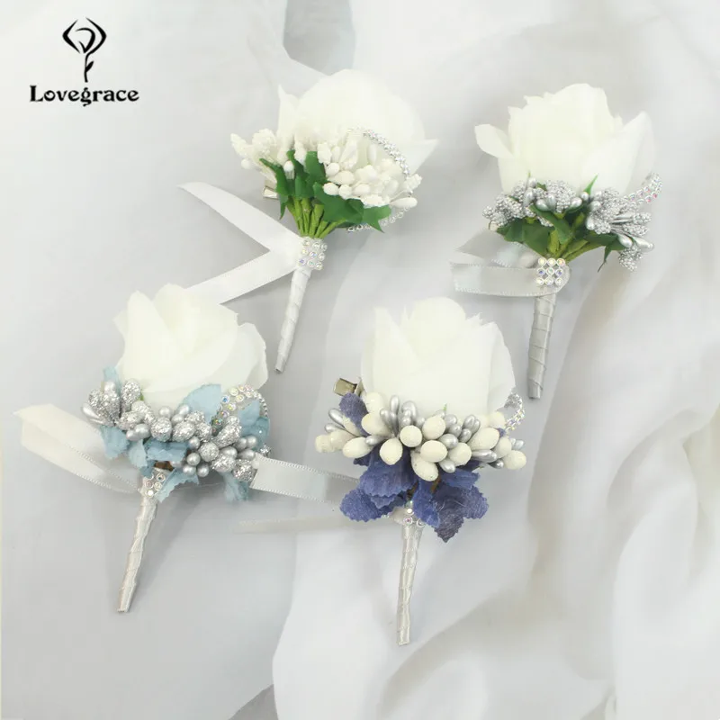 Trắng Hoa Hồng Xanh Dương Cưới Boutonniere Hoa Xòe Pin Chú Rể Phù Rể Mariage Hứa Nam Phù Hợp Với Thổ Cẩm Phụ Kiện Para Hombre DIY