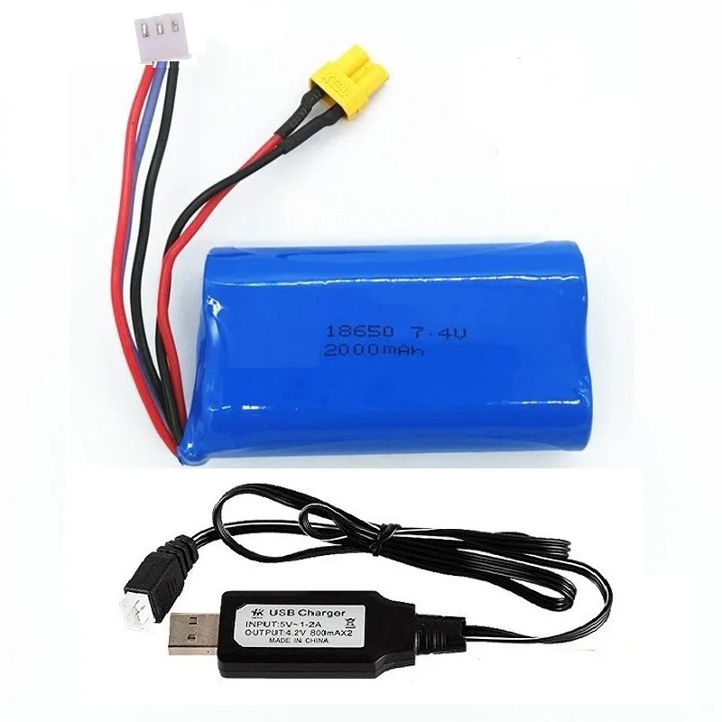 7.4V 2000mAh Li-ion rechargable battery XT30/USB charger for HUINA 1580 1583 580 550 582 1/14 RC Electric Construction Excavator