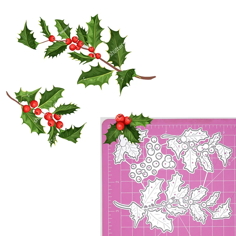 3 Pcs Christmas Holly Cutting Dies New Green Leaves Red Fruits Metal Embossing Stencil For Scrapbook Card Craft Decoration