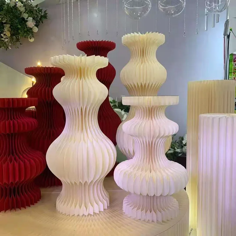 

Elegant White Theme Wedding Decoration Centerpieces Paper Roman Column Folding Curve Design Cake Dessert Table Rack