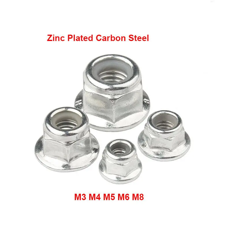 5/10/20/50Pc M3 M4 M5 M6 M8 Hex Flange Nylon Insert Lock Nuts Carbon Steel White Zinc Plated Hexagon Self-locking Nylock Locknut