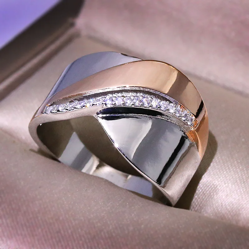 High Quality rose gold two-tone bow cross ring Ladder square zircon ring Simple micro inlaid for women