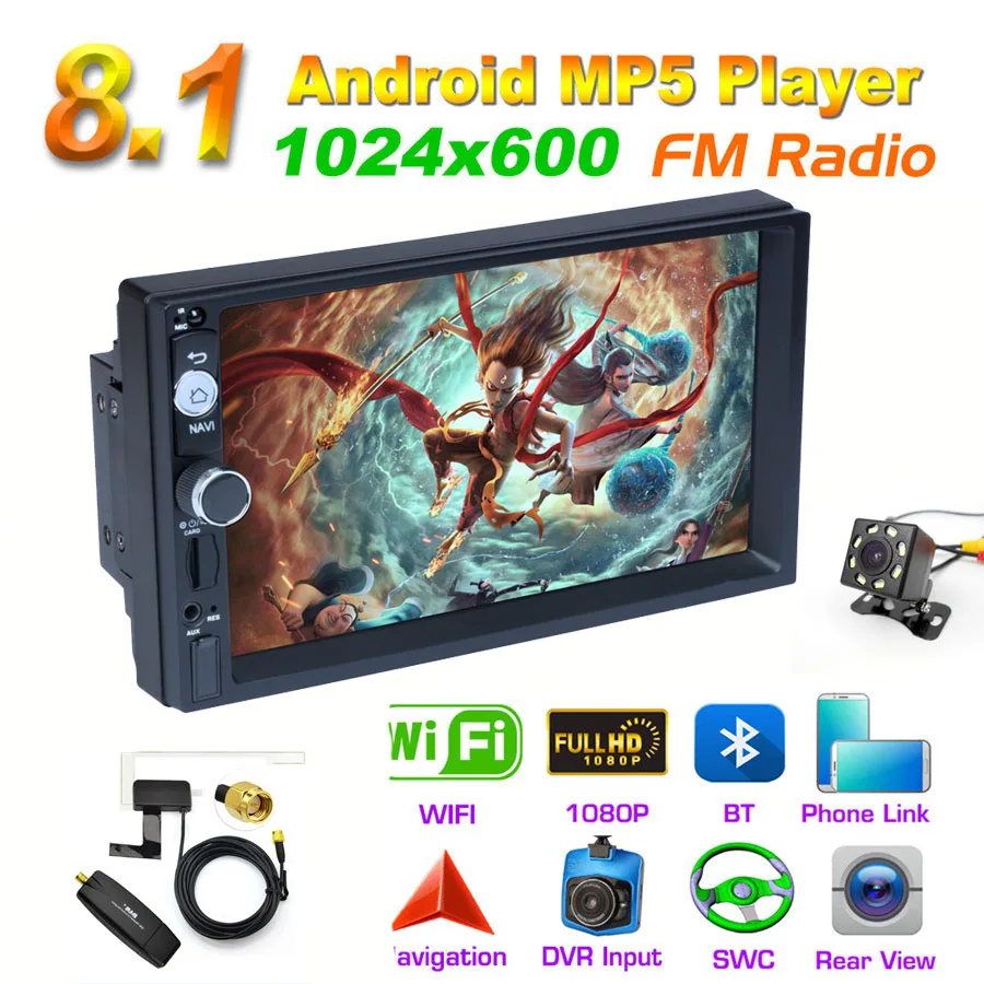 

7" 2Din Android 8.1 Car MP5 Player 1080P QUAD-core WIFI phonelink GPS Bluetooth FM DAB with 8LED Rear Camera