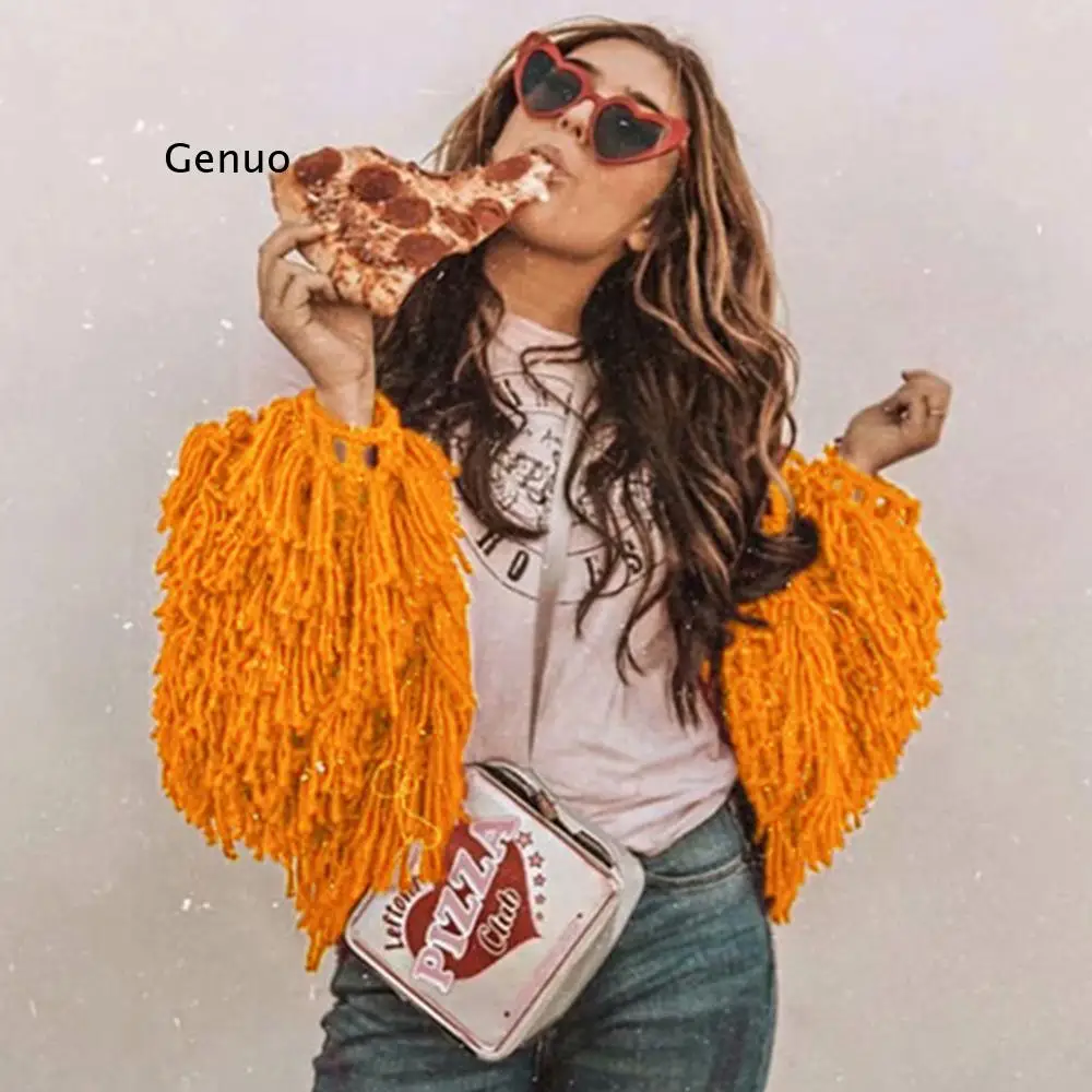 

Chic Fall Coarse Yarn Knitted Wool Hollow Tassels Crocheted Fuzzy Cardigan Fringed Sweater Coat Hooked Jacket Pullovers Ol Tops