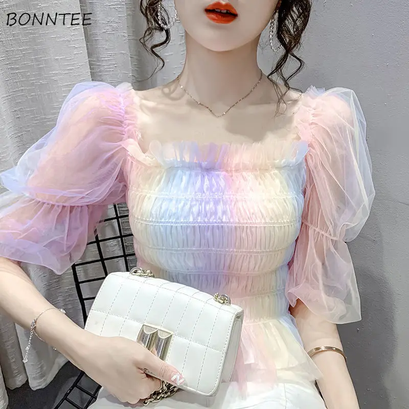 Blouses Women Puff Short Sleeve Fashion Leisure Slim Square Collar Gentle All-match Feminino Tops Korean Version Chic Creativity