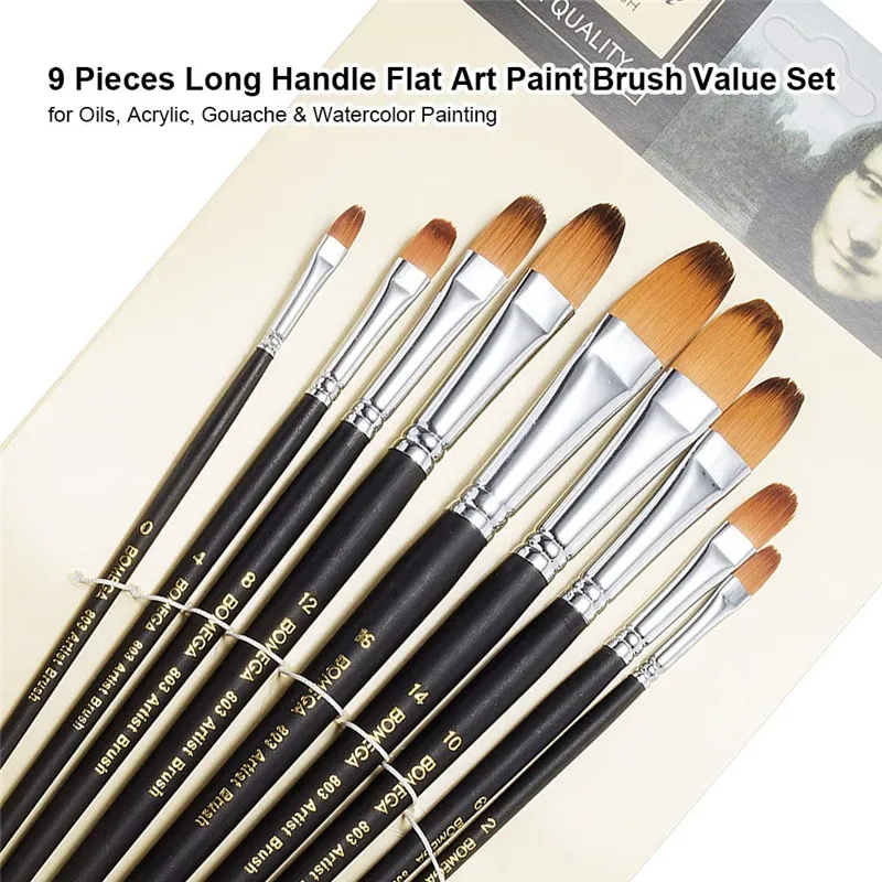 9Pcs Artist Paint Brushes Nylon Filbert Paint Long Handle Painting Brush Set for Oils, Acrylic, Gouache & Watercolor Painting