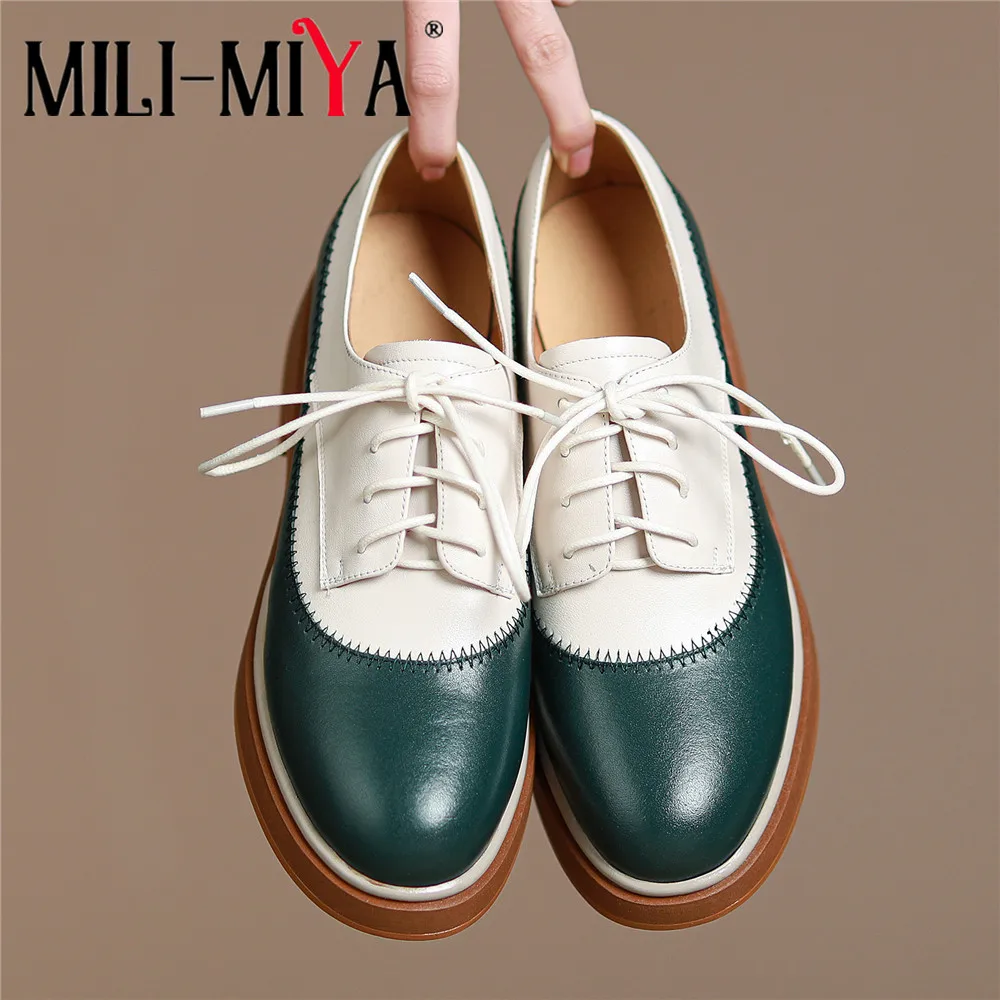 MILI-MIYA colore misto comodo tacco quadrato moda punta tonda scarpe primavera autunno vera pelle stringate pompe da donna taglia 34-40