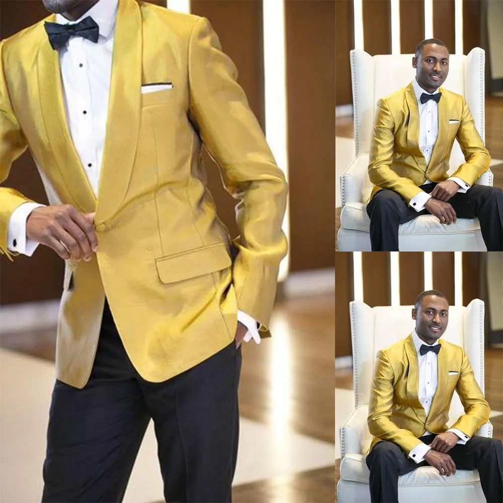 

Custom Size Gold Groomsmen Tuxedos Peaked Lapel Groom Men Suits Wedding Prom Best Man Blazer Jacket With Pants 2 Pieces Set