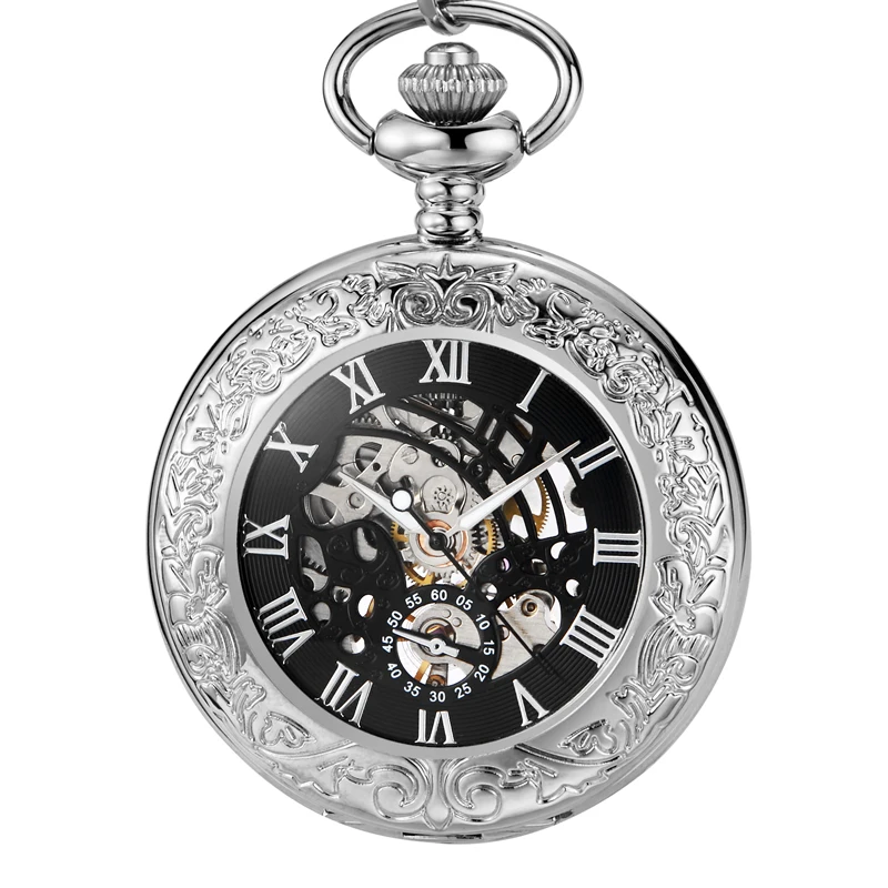 Steampunk Automatic Mechanical Skeleton Pocket Watches Men Women Sliver Luxury Brand Hand Wind Necklace Pocket & Fob Chain