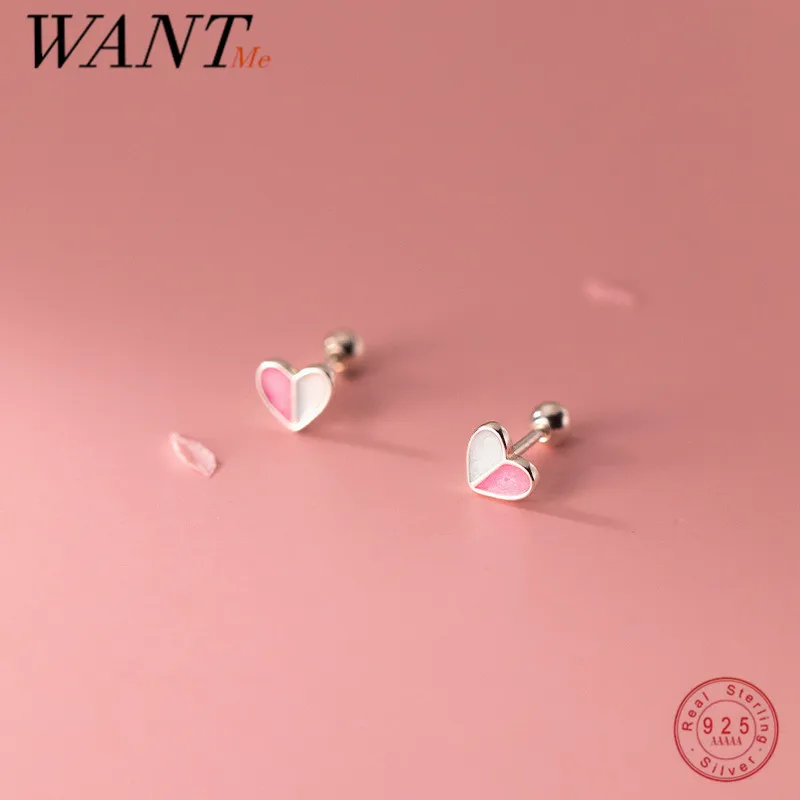 

WANTME 925 Sterling Silver Fashion Enamel Love Heart Spiral Beads Small Stud Earrings for Women Girl Birthday Party Jewelry Gift