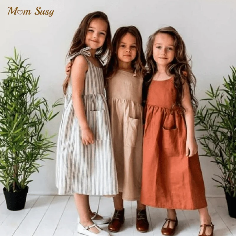 

Baby Girl Linen Cotton Dress With Pocket Summer Infant Toddler Girl Sling Dress Casual Solid Color Baby Clothes 1-5 Years