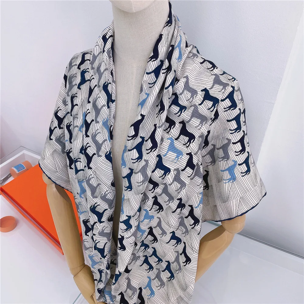 POBING Silk Cashmere Scarf Women Hand Rolled Shawls Horse Print Square Scarves Wraps Lady Bandana Big Hijabs Female Foulards