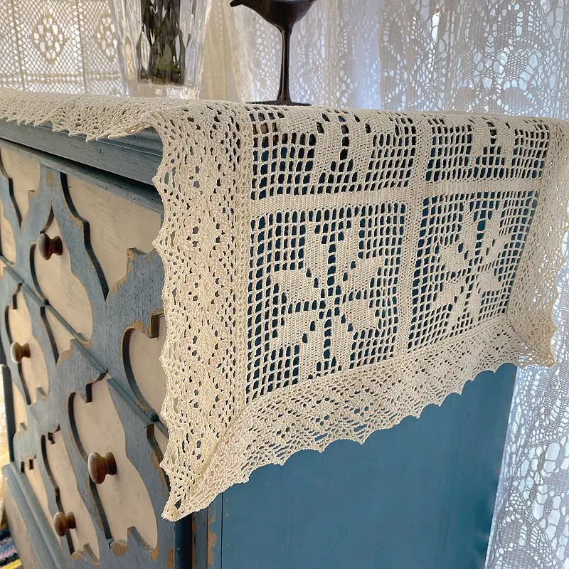 Crochet Cotton Linen Blending Table Runner Retro Style Cotton Woven Lace Edge Tablecloth Side Table Table Cover Cabinet Cover