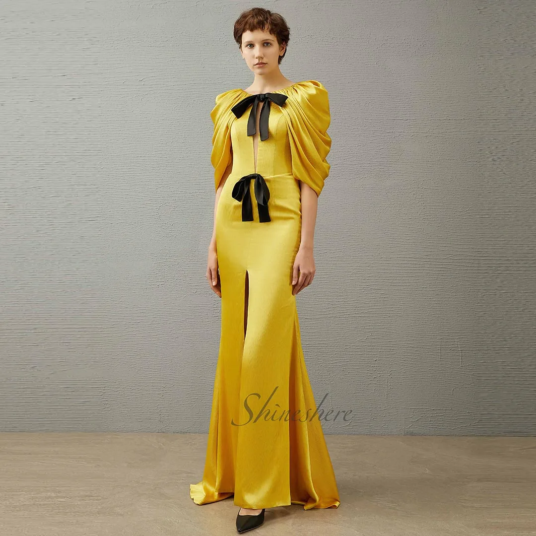 Jusere evening dress elegant party dress with puffy sleeves yellow evening gown with sweep train