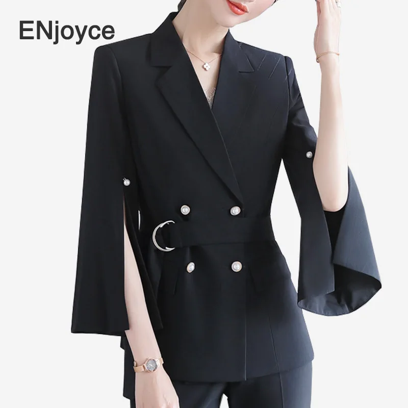 

Women Black Split Long Sleeve Blazer and Suit Pants Spring Fall Office Ladies Slim Pants Two Pieces Set Suits for Business Wear