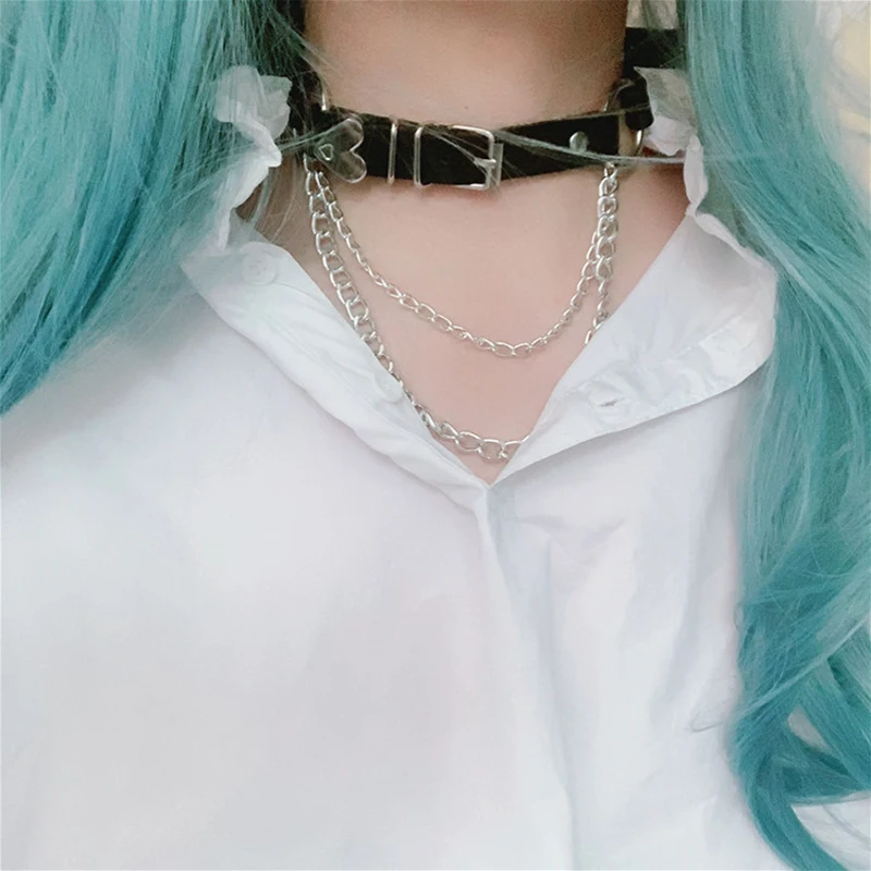 Punk Irregular Metal Women Love Leather Sexy Neck Chains Collar Gothic Dark Girls with Clavicle Chain Lolita Necklace Black Pink