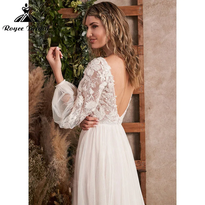 Robe Vintage Strand EINE Linie Boho Hochzeit Kleid mit Lange Puff Sleeve Tiefem V-ausschnitt Backless Spitze Top Tüll vestido de noiva 2022