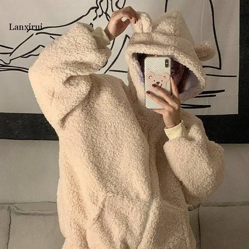 

Imitation Lambs Wool Thickening and Wool Fleece Women's Loose Bear's Ear Round Collar Coat Kawaii Hoodies Fast Shipping